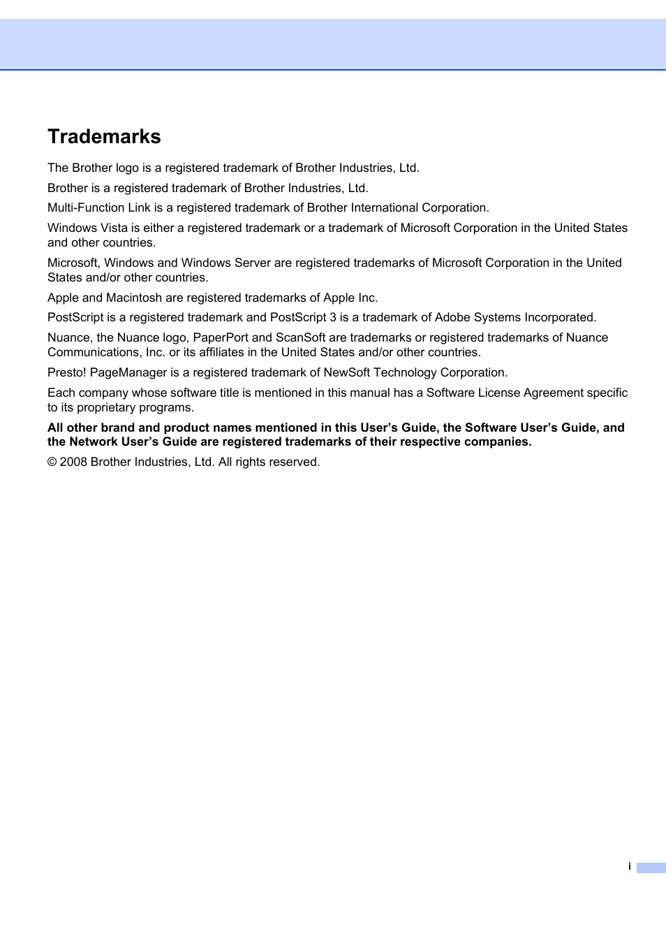Trademarks | Brother MFC-7340 User Manual | Page 2 / 199