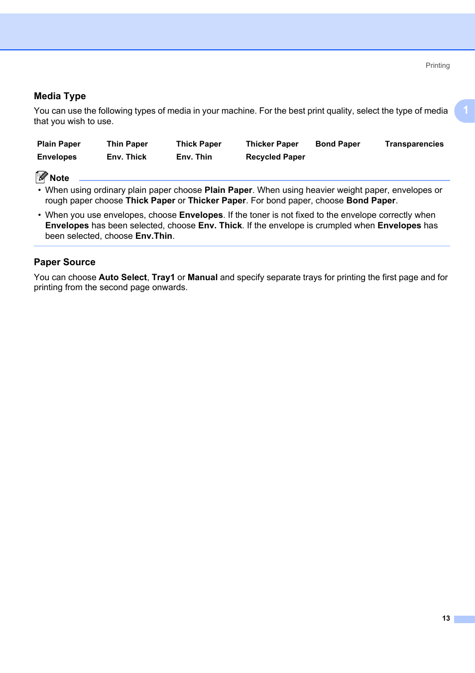 Media type, Paper source | Brother MFC-7340 User Manual | Page 20 / 199