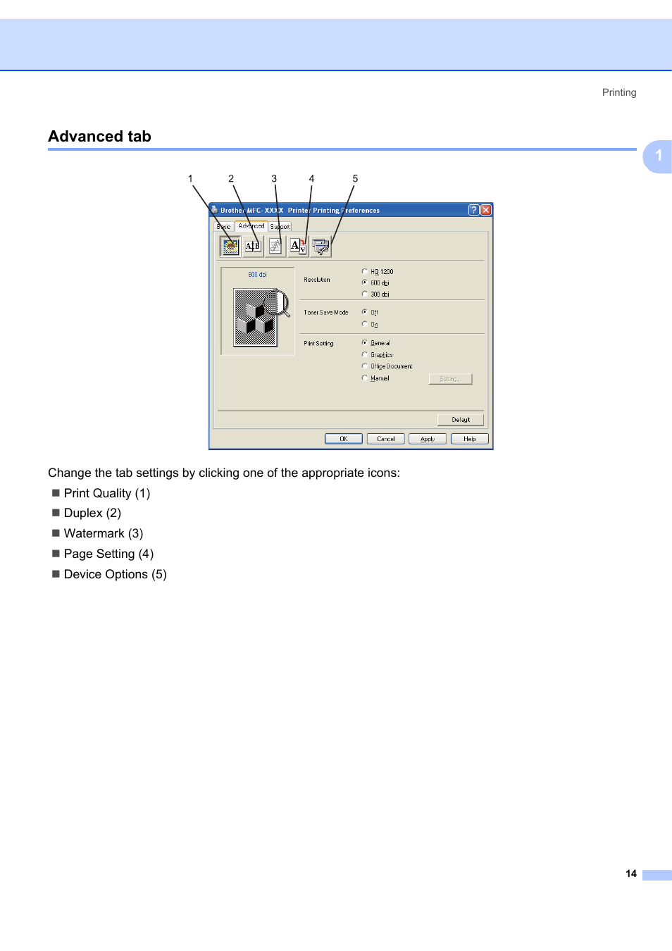 Advanced tab, 1advanced tab | Brother MFC-7340 User Manual | Page 21 / 199
