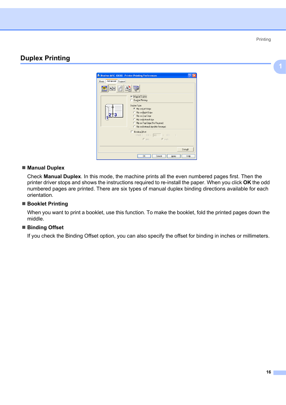 Duplex printing, 1duplex printing | Brother MFC-7340 User Manual | Page 23 / 199