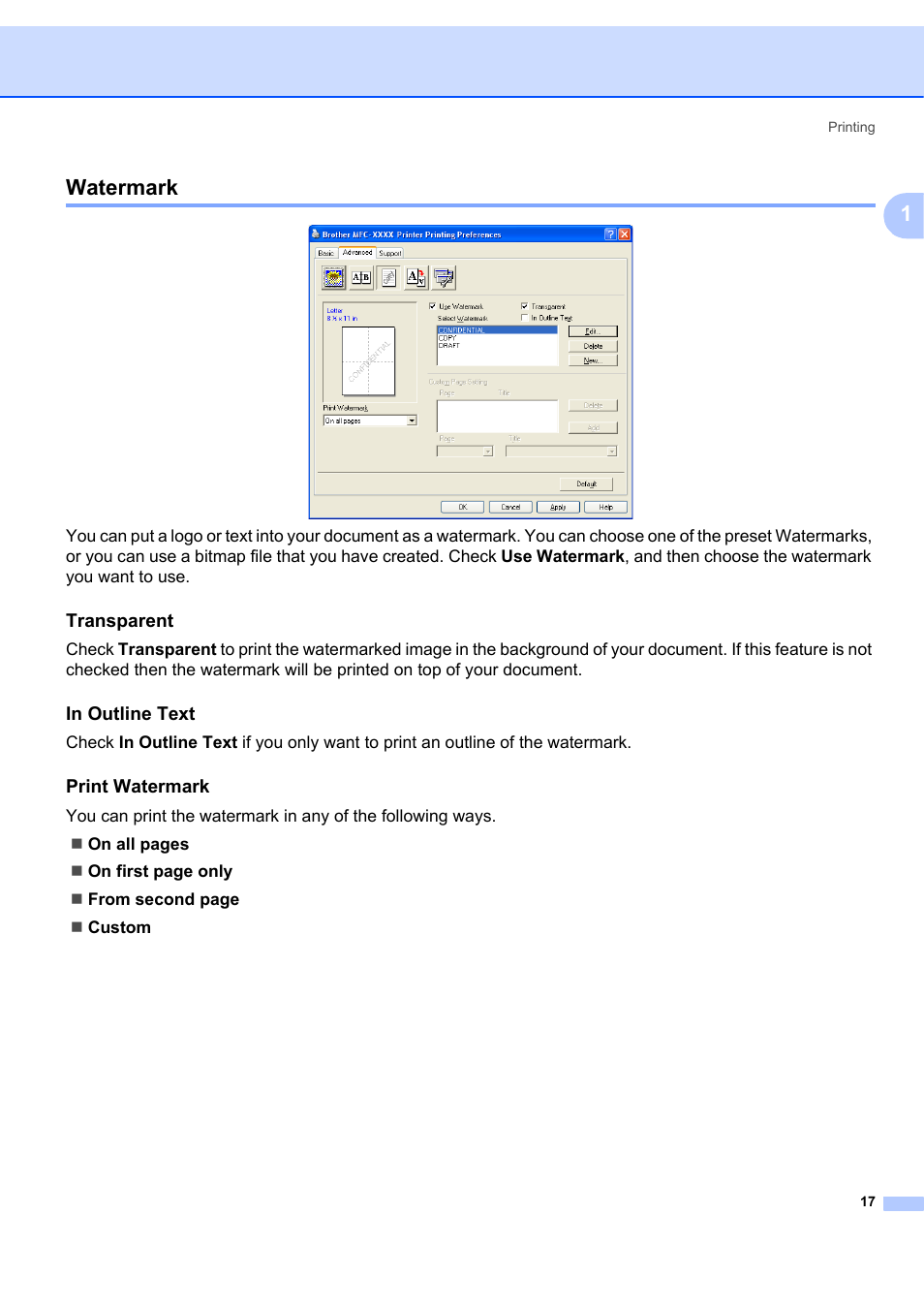 Watermark, Transparent, In outline text | Print watermark, 1watermark | Brother MFC-7340 User Manual | Page 24 / 199