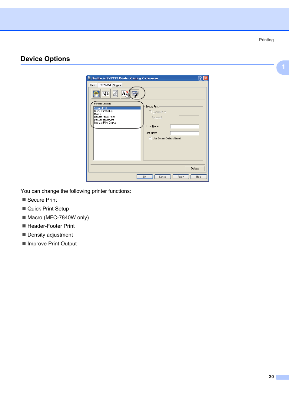 Device options, 1device options | Brother MFC-7340 User Manual | Page 27 / 199