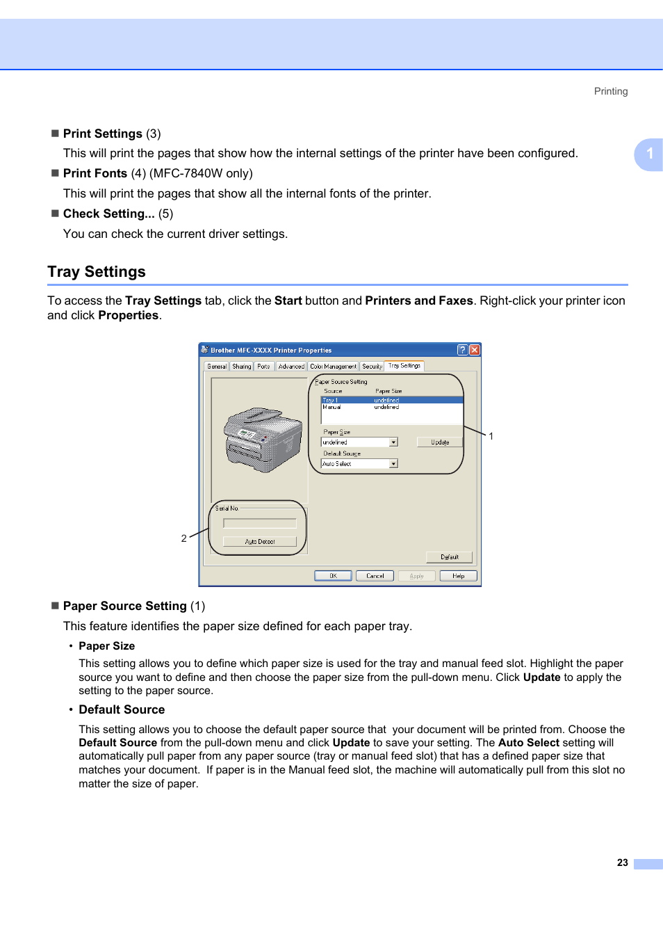 Tray settings | Brother MFC-7340 User Manual | Page 30 / 199