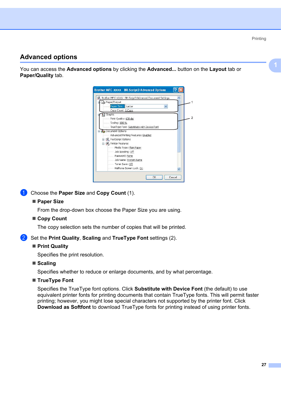 Advanced options, 1advanced options | Brother MFC-7340 User Manual | Page 34 / 199