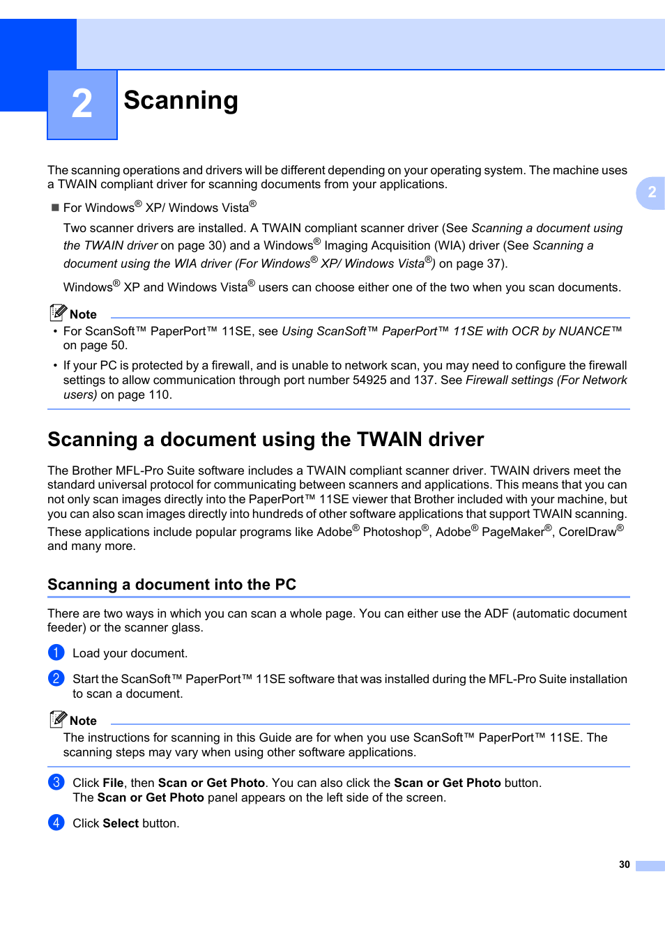 2 scanning, Scanning a document using the twain driver, Scanning a document into the pc | Scanning | Brother MFC-7340 User Manual | Page 37 / 199