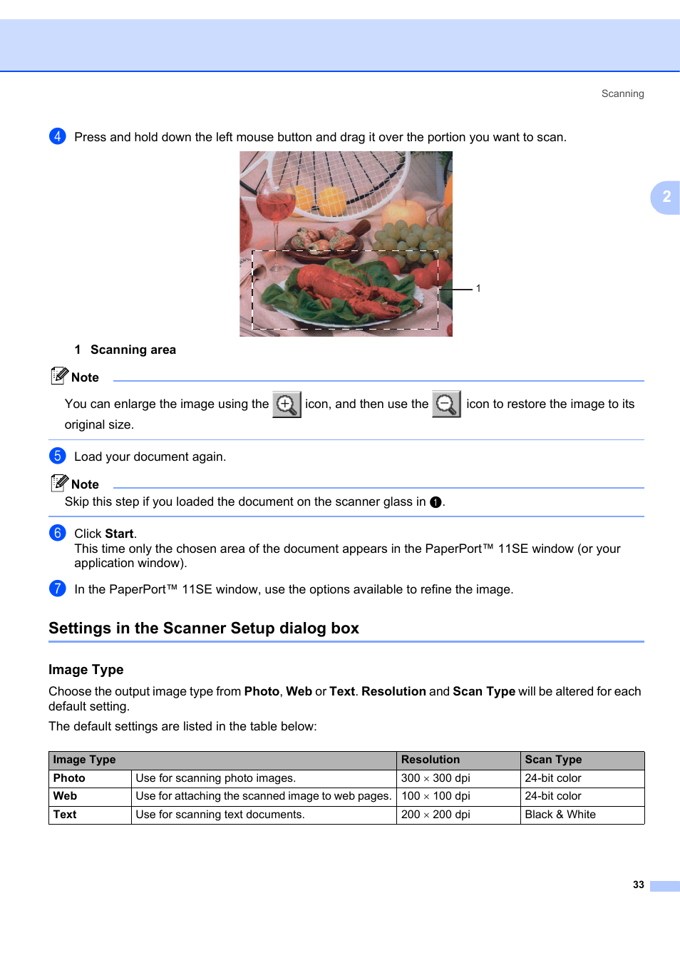 Settings in the scanner setup dialog box, Image type | Brother MFC-7340 User Manual | Page 40 / 199