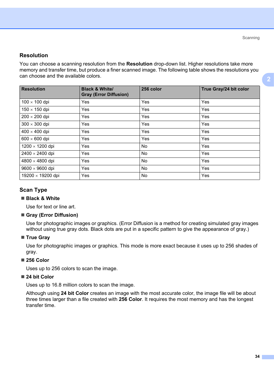 Resolution, Scan type | Brother MFC-7340 User Manual | Page 41 / 199