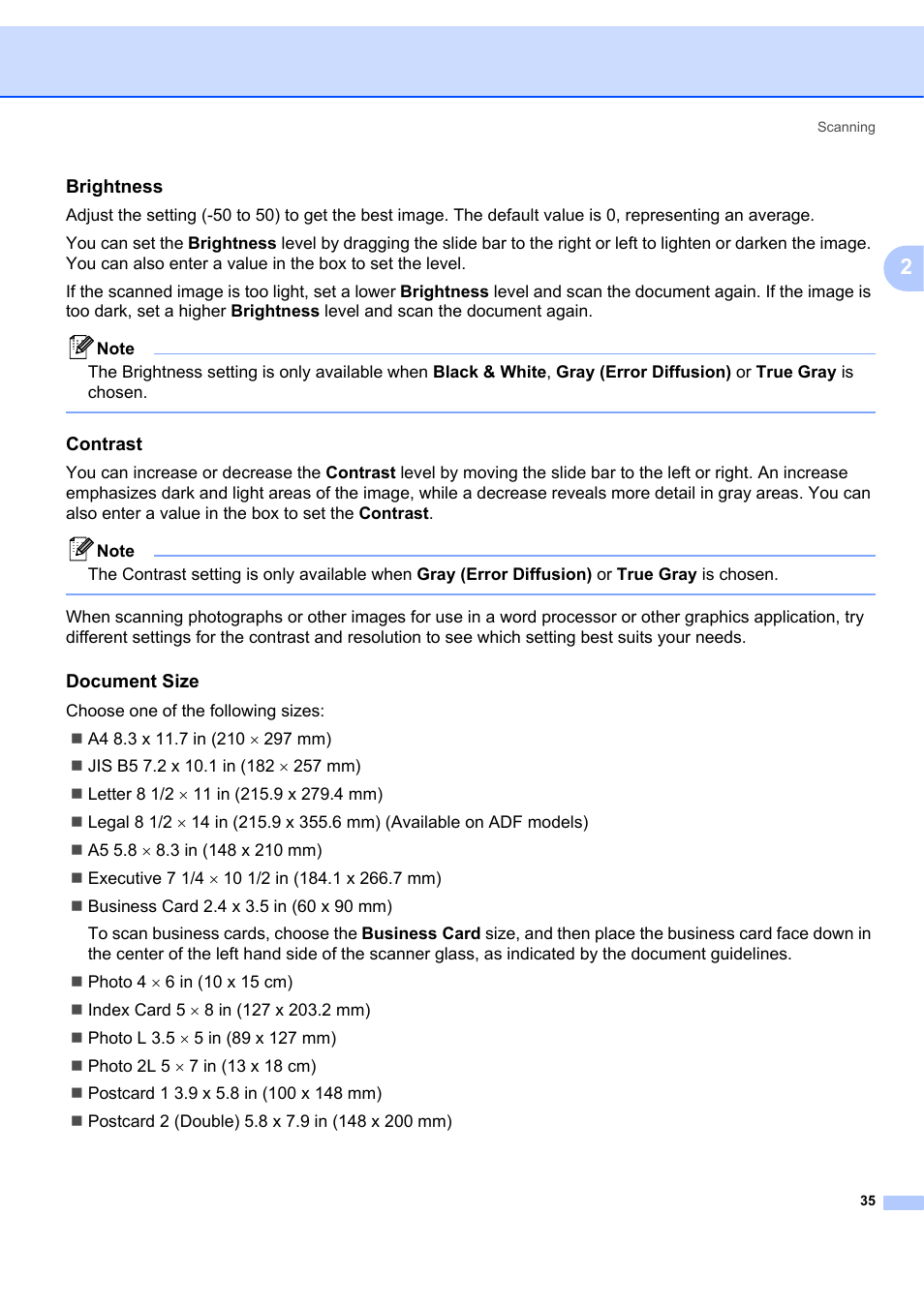 Brightness, Contrast, Document size | Brother MFC-7340 User Manual | Page 42 / 199