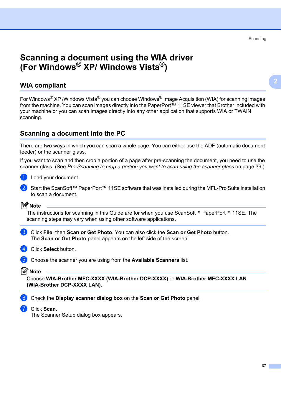 Wia compliant, Scanning a document into the pc, Xp/ windows vista | Wia compliant scanning a document into the pc, Driver (see scanning a, Document using the wia driver (for windows | Brother MFC-7340 User Manual | Page 44 / 199