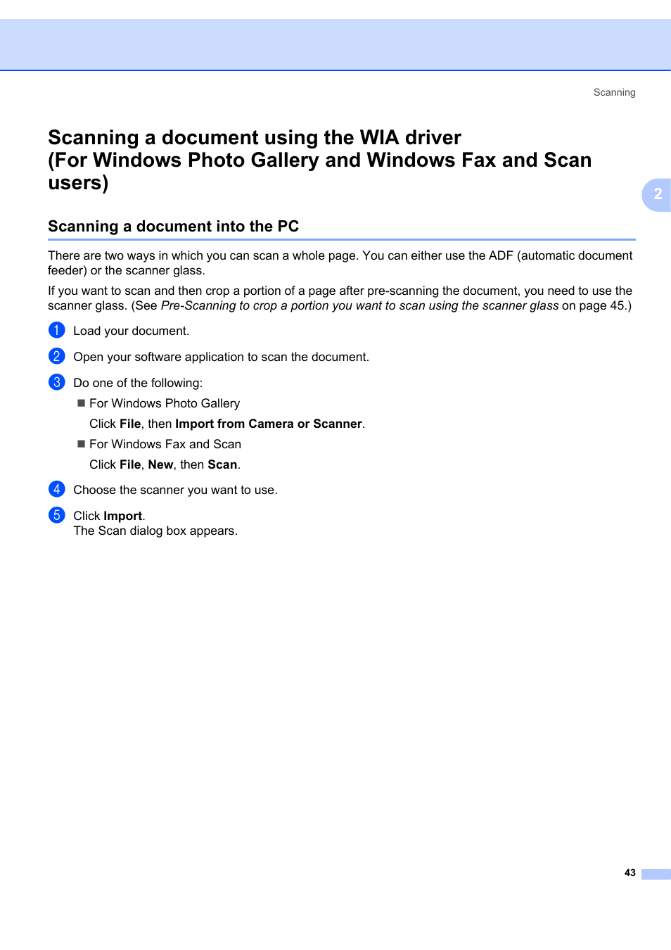 Scanning a document into the pc, Scanning a document using the wia driver | Brother MFC-7340 User Manual | Page 50 / 199