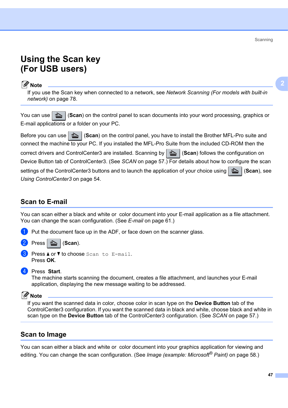 Using the scan key (for usb users), Scan to e-mail, Scan to image | Scan to e-mail scan to image | Brother MFC-7340 User Manual | Page 54 / 199