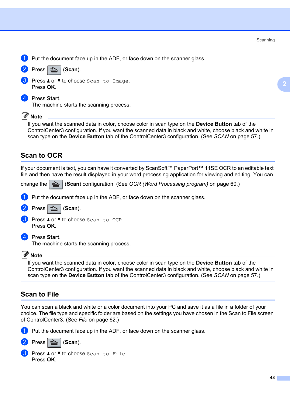 Scan to ocr, Scan to file, Scan to ocr scan to file | Brother MFC-7340 User Manual | Page 55 / 199