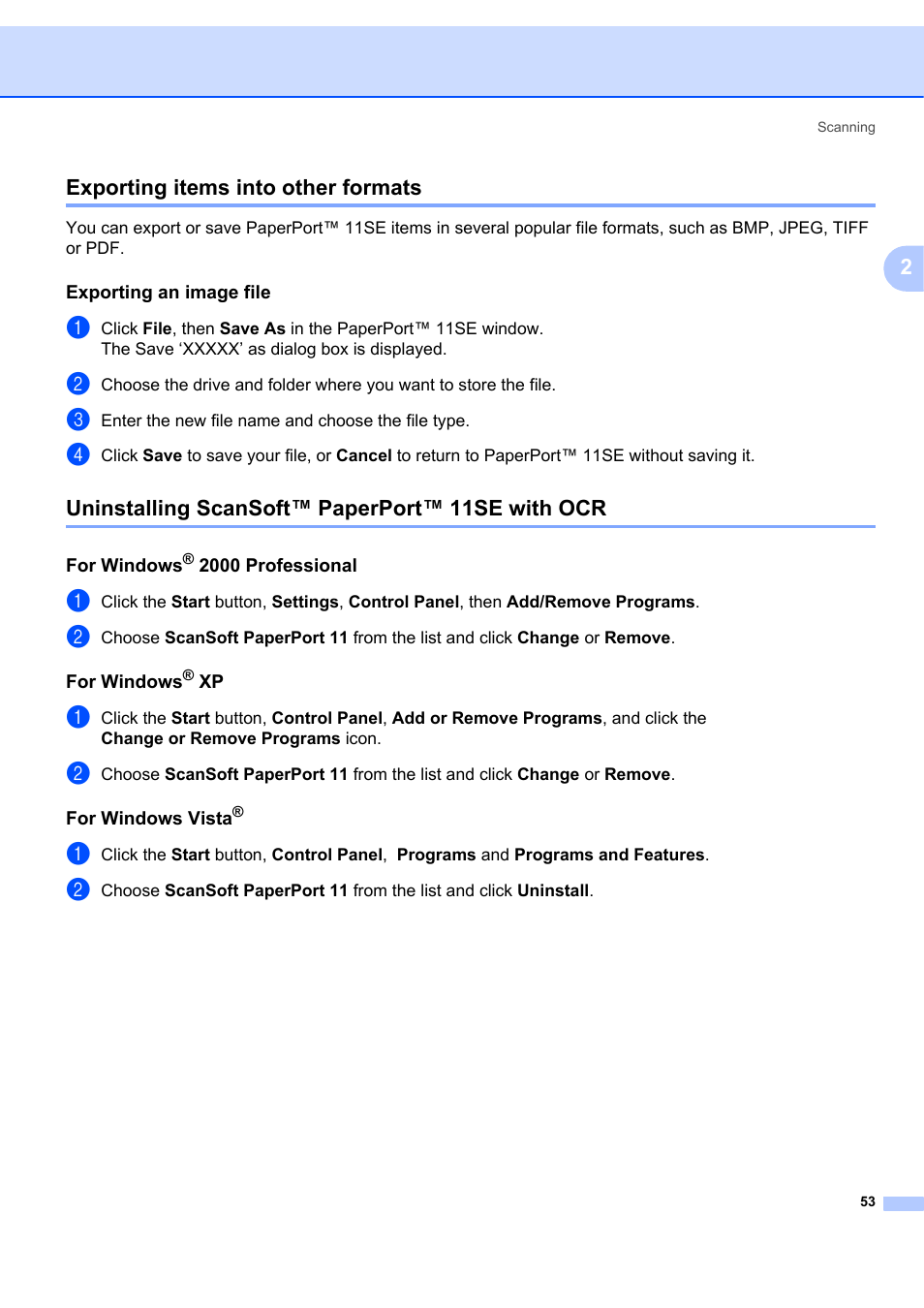 Exporting items into other formats, Exporting an image file, Uninstalling scansoft™ paperport™ 11se with ocr | For windows® 2000 professional, For windows® xp, For windows vista, 2exporting items into other formats | Brother MFC-7340 User Manual | Page 60 / 199