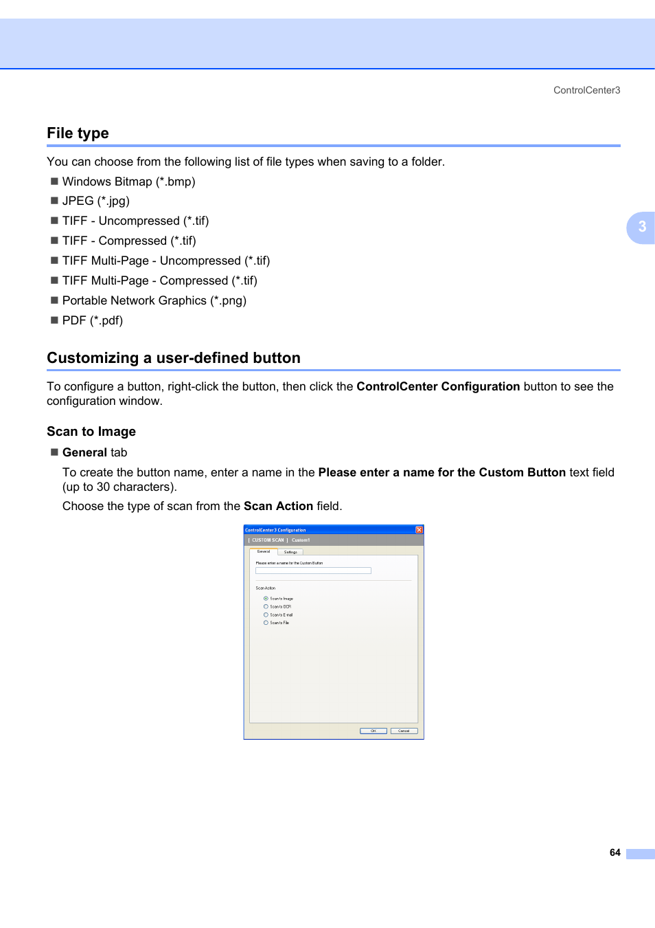 File type, Customizing a user-defined button, Scan to image | File type customizing a user-defined button, 3file type | Brother MFC-7340 User Manual | Page 71 / 199