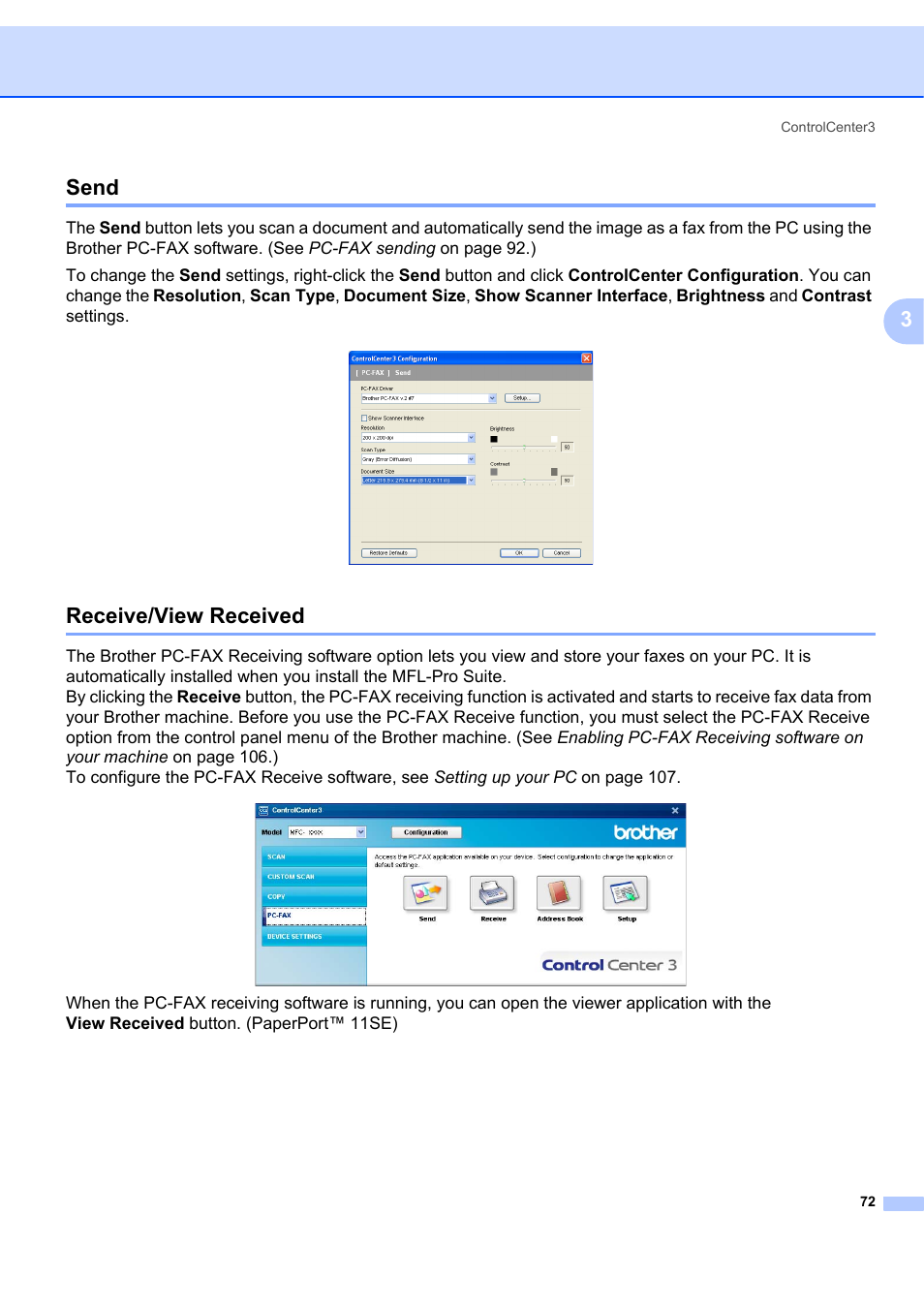 Send, Receive/view received, Send receive/view received | 3send | Brother MFC-7340 User Manual | Page 79 / 199