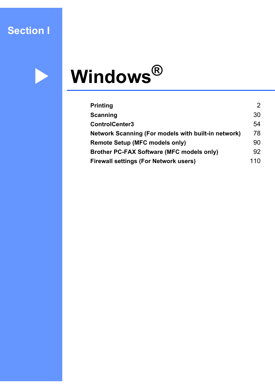 Section i windows, Windows | Brother MFC-7340 User Manual | Page 8 / 199