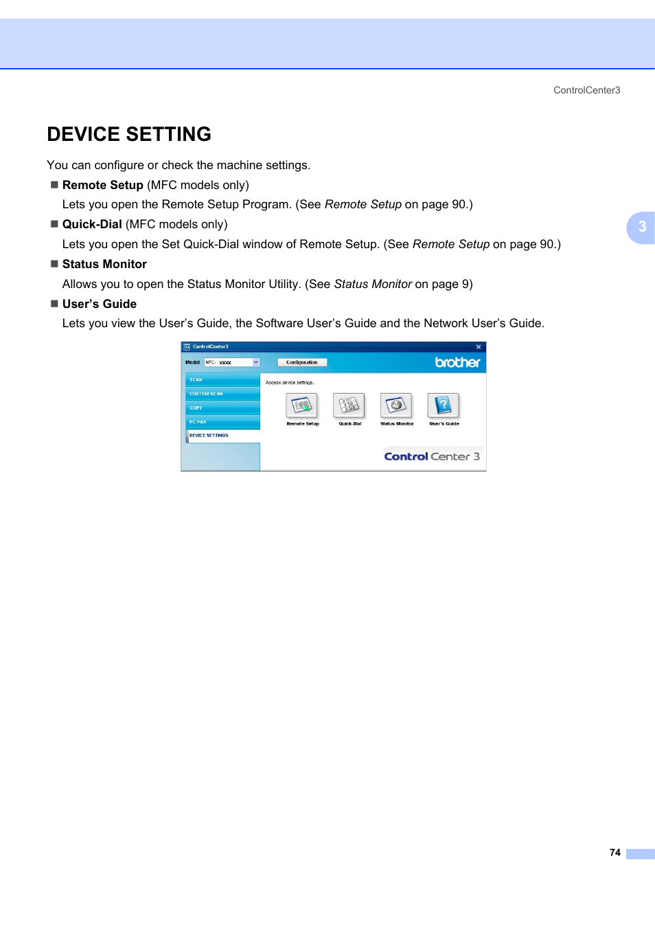 Device setting | Brother MFC-7340 User Manual | Page 81 / 199
