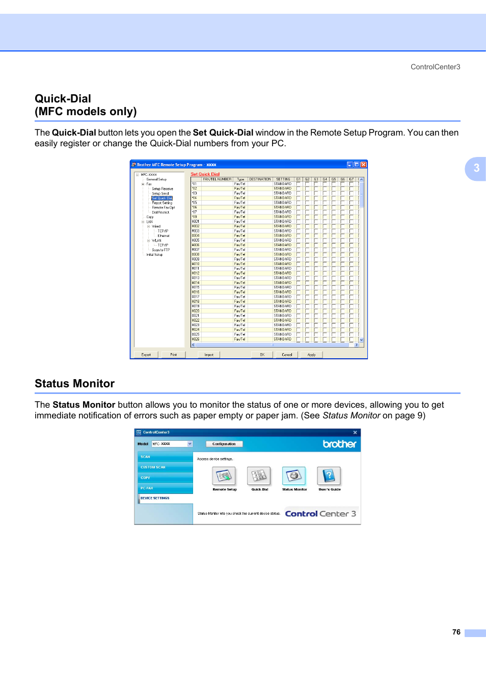 Quick-dial (mfc models only), Status monitor, Quick-dial (mfc models only) status monitor | 3quick-dial (mfc models only) | Brother MFC-7340 User Manual | Page 83 / 199