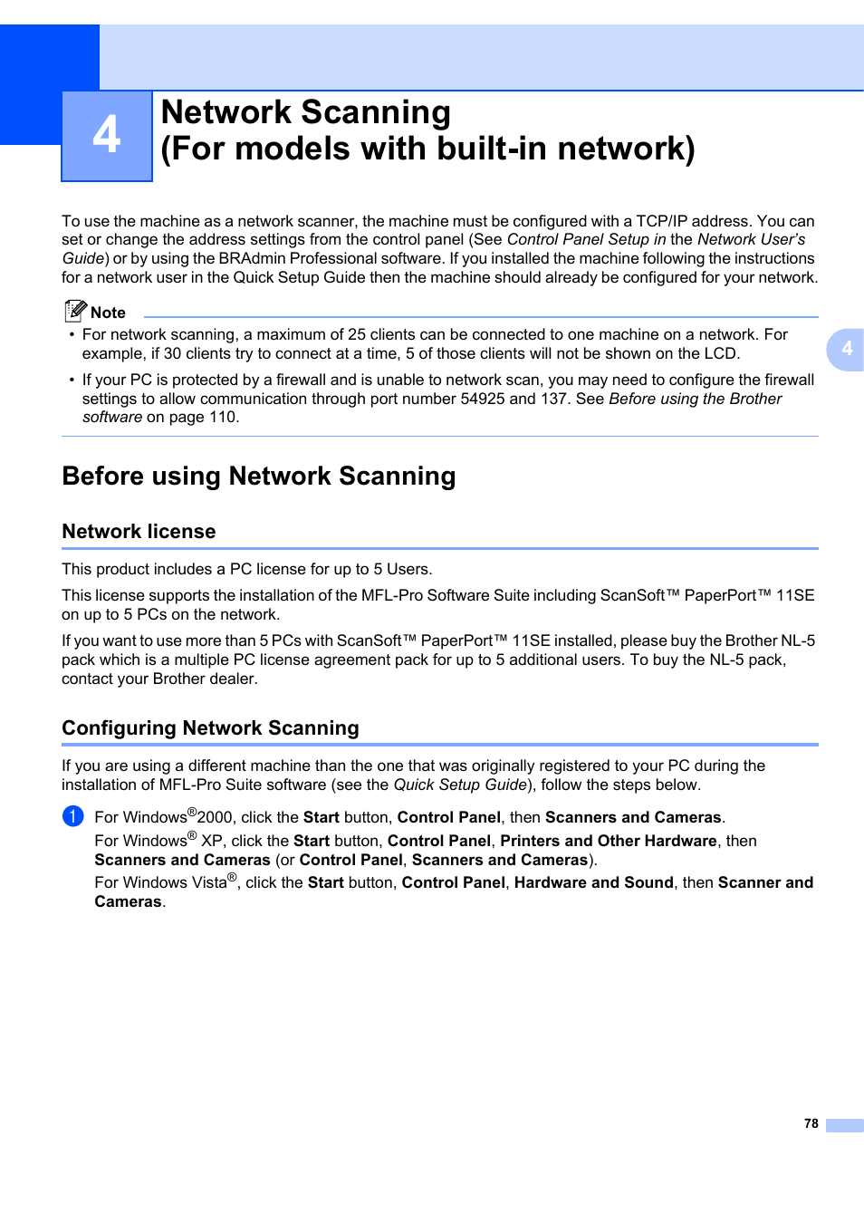 Before using network scanning, Network license, Configuring network scanning | Network license configuring network scanning | Brother MFC-7340 User Manual | Page 85 / 199