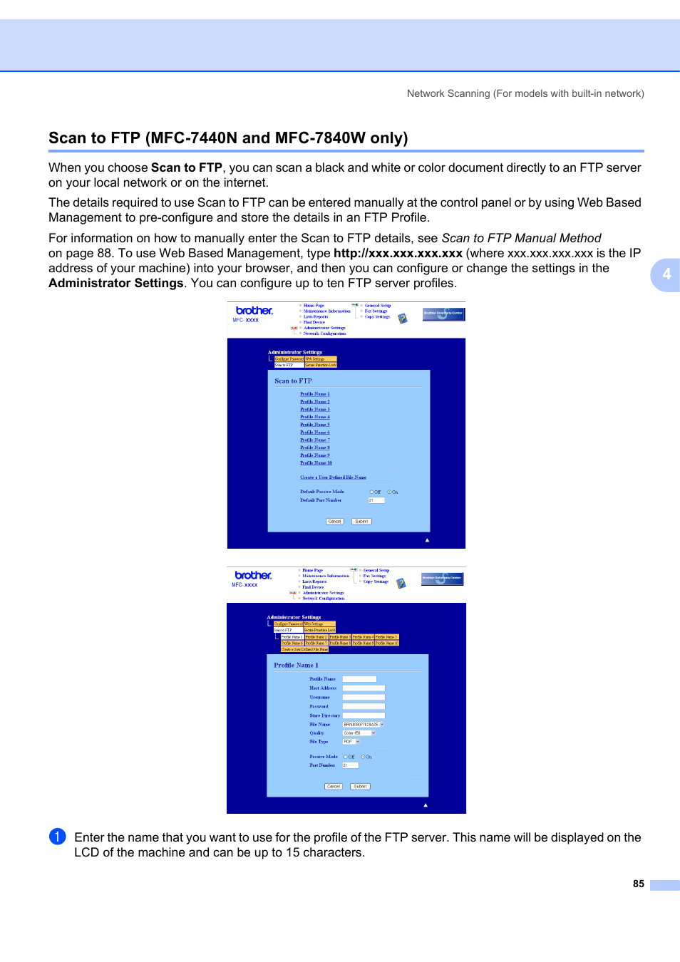 Scan to ftp (mfc-7440n and mfc-7840w only) | Brother MFC-7340 User Manual | Page 92 / 199