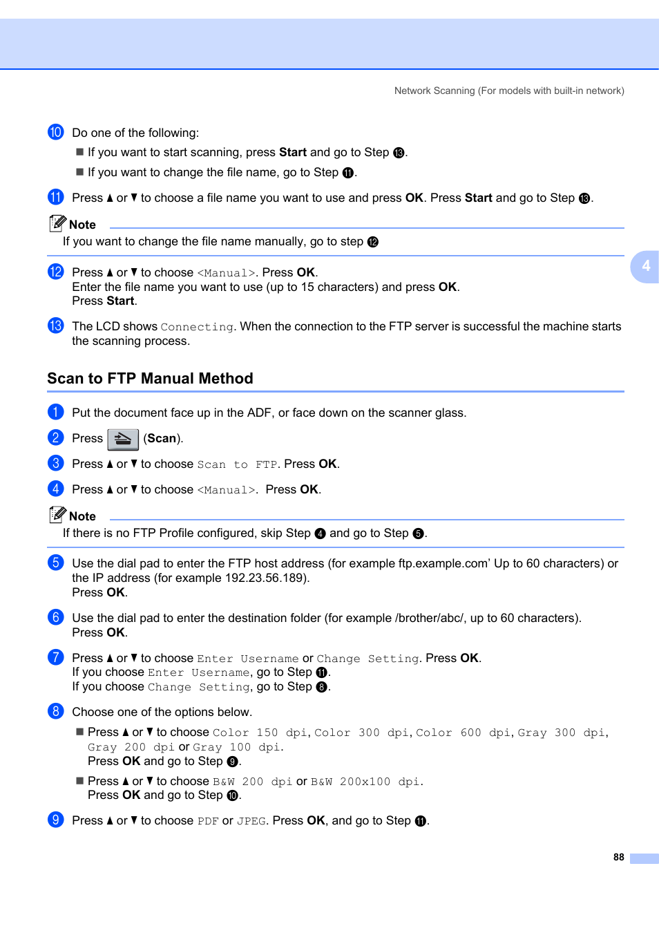 Scan to ftp manual method, Step j | Brother MFC-7340 User Manual | Page 95 / 199