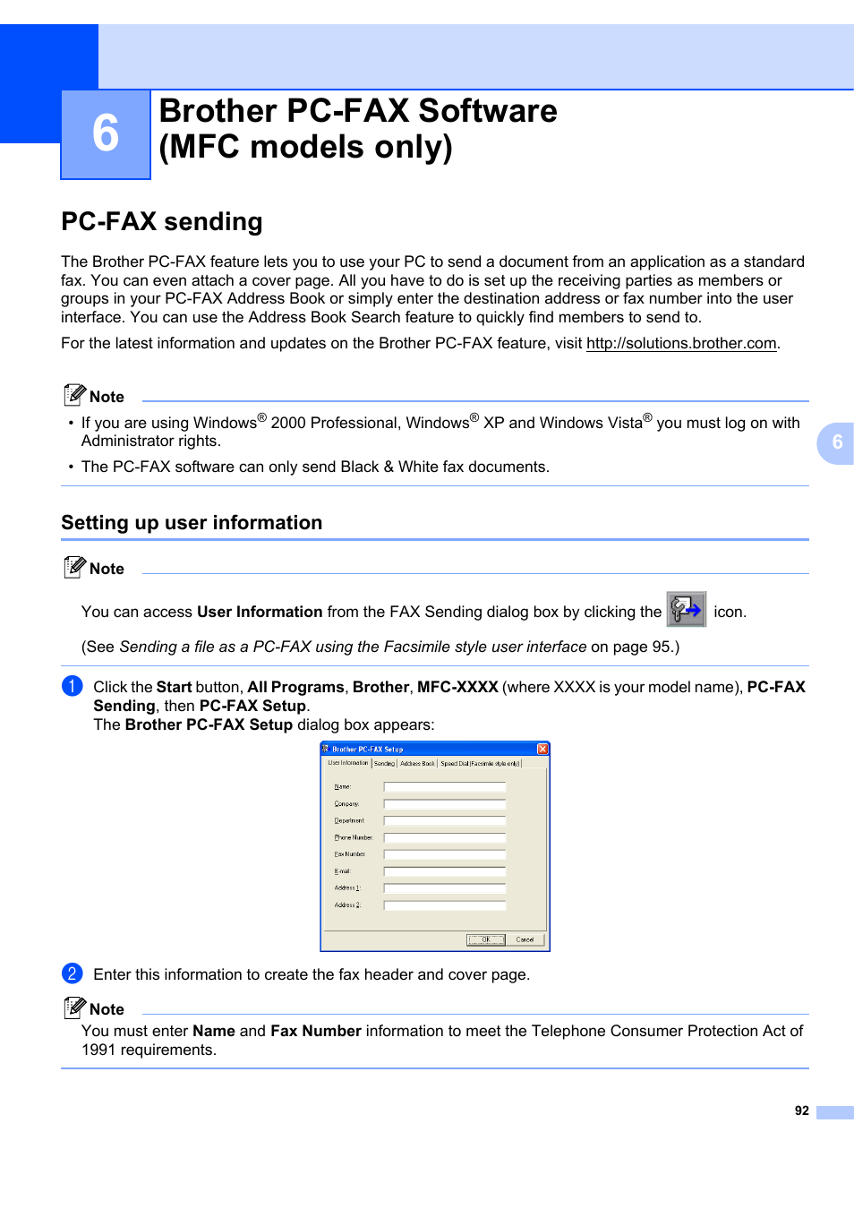 6 brother pc-fax software (mfc models only), Pc-fax sending, Setting up user information | Brother pc-fax software (mfc models only) | Brother MFC-7340 User Manual | Page 99 / 199