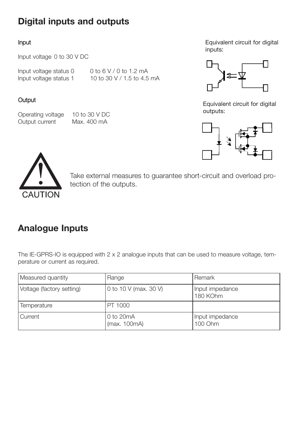 Digital inputs and outputs, Analogue inputs | Weidmuller IE-GPRS-I/O User Manual | Page 7 / 11