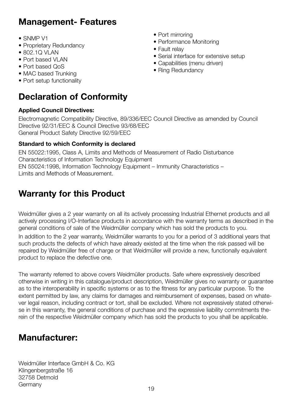 Declaration of conformity, Management- features, Warranty for this product | Manufacturer | Weidmuller IE-SWxx-M Managed Switch User Manual | Page 9 / 10