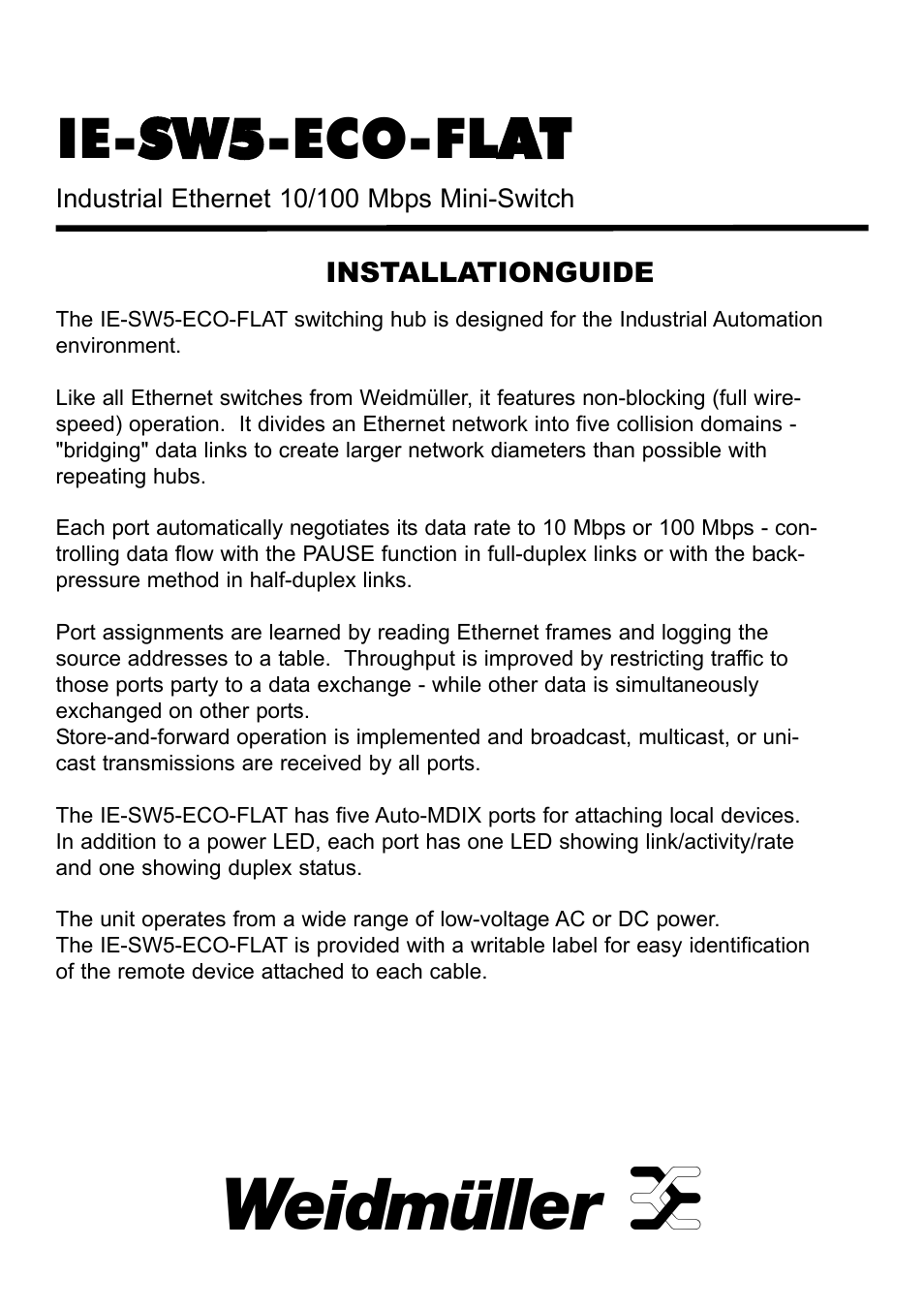 Weidmuller Unmanaged 5 Port FLAT Ethernet Switch User Manual | 4 pages