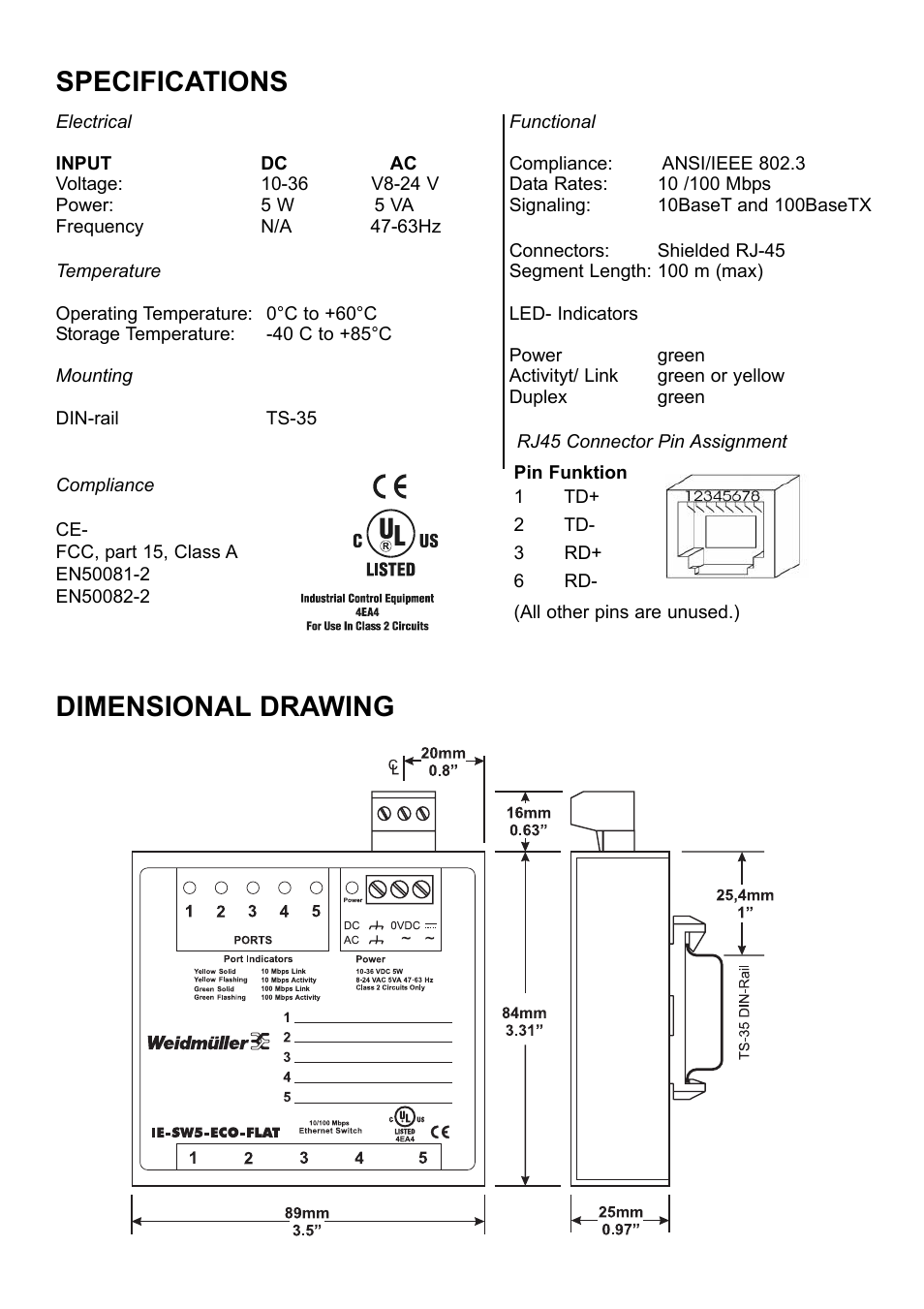 Specifications, Dimensional drawing | Weidmuller Unmanaged 5 Port FLAT Ethernet Switch User Manual | Page 2 / 4