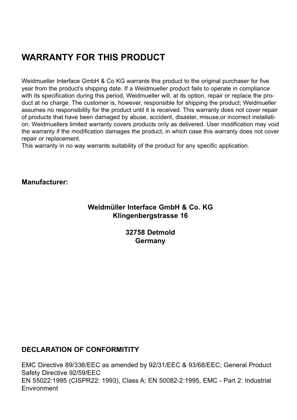 Warranty for this product | Weidmuller Unmanaged 5 Port FLAT Ethernet Switch User Manual | Page 4 / 4