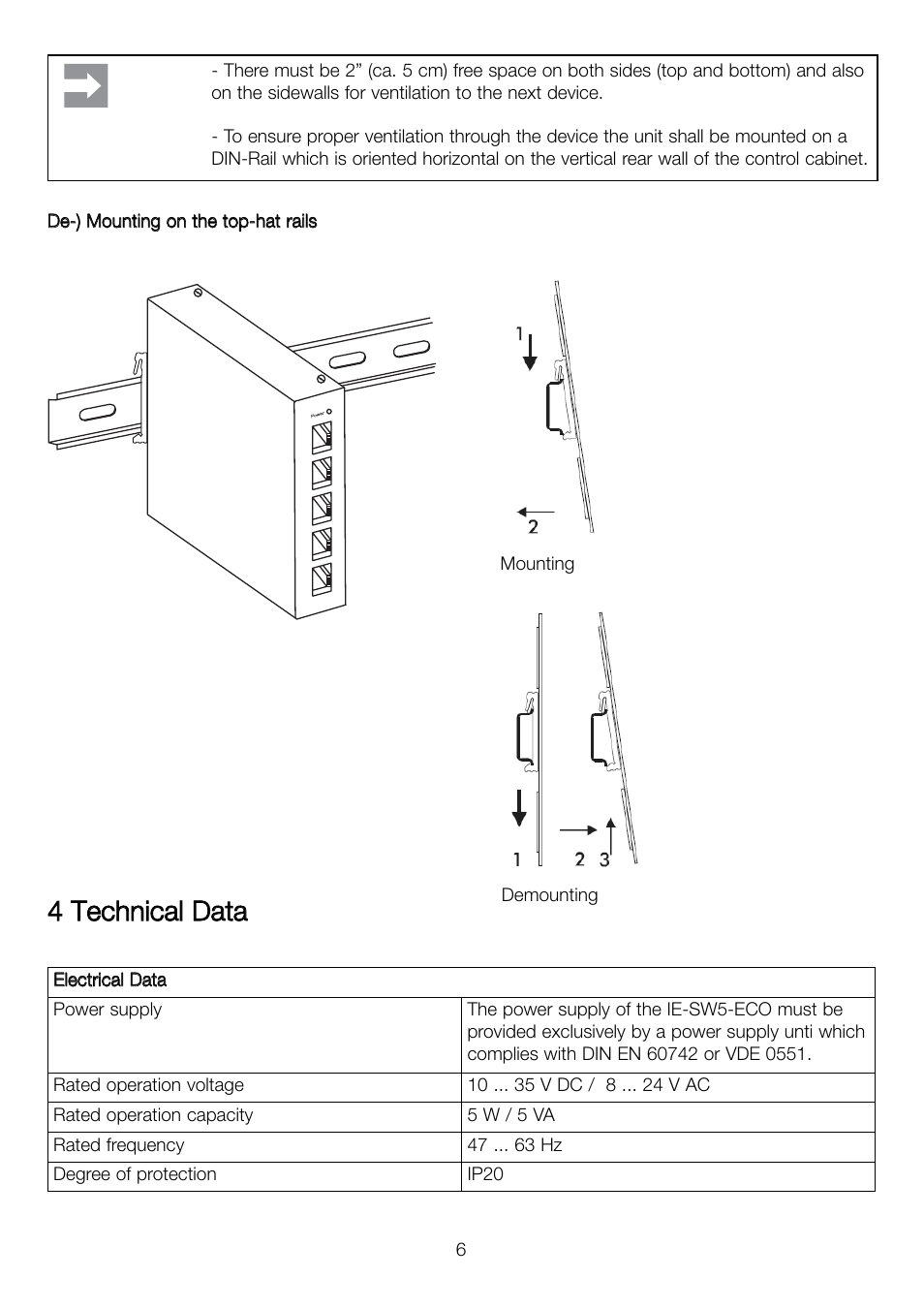 44 t te ec ch hn niic ca all d da atta a | Weidmuller IE-SW5-ECO EcoLine Unmanaged Switch User Manual | Page 6 / 8
