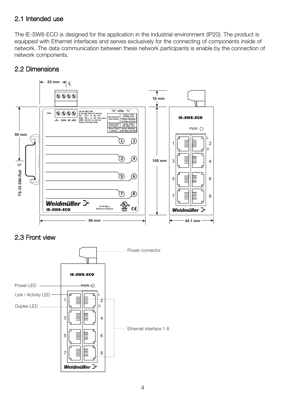22 1 iin ntte en nd de ed d u us se e, Weidmüller t | Weidmuller IE-SW8-ECO EcoLine Unmanaged Switch User Manual | Page 4 / 8
