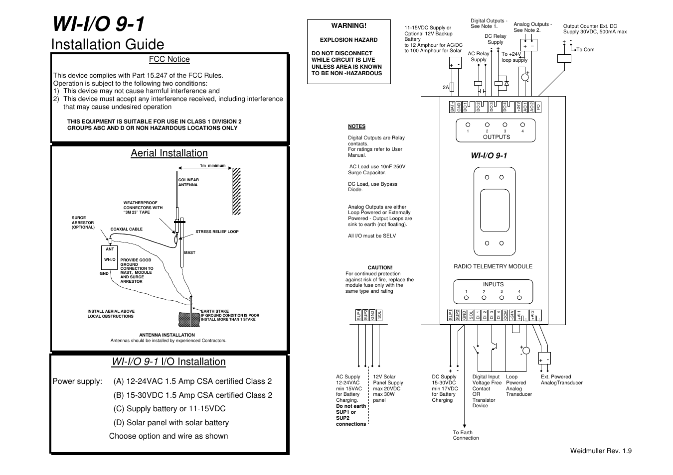 Weidmuller WI I/O 9-1: Wireless I/O Transceiver 4DI/2DO/2AI/2AO/1PI v1.9 User Manual | 1 page