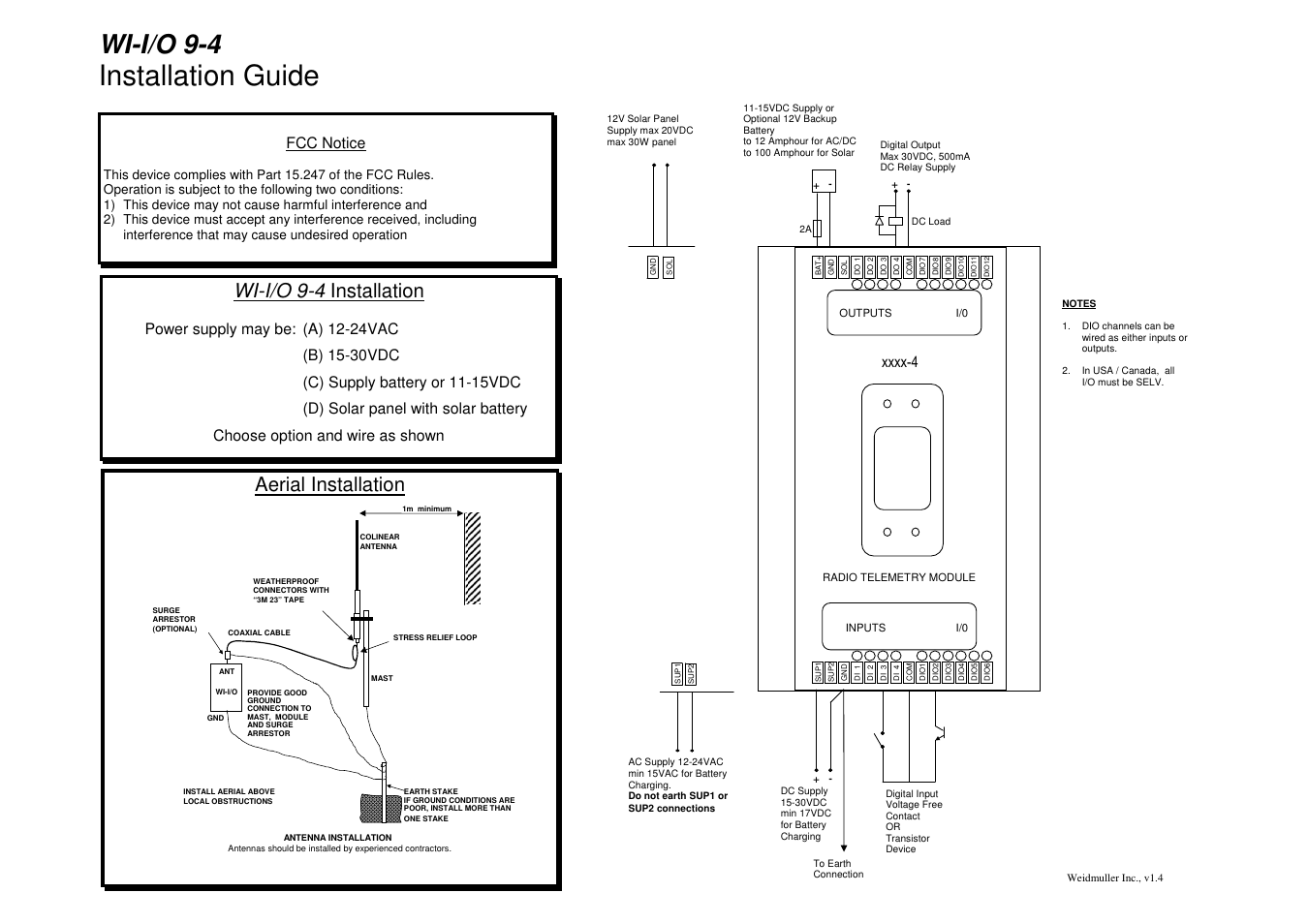 Weidmuller WI I/O 9-4: Wireless I/O Transceiver 16DI-4DO/4DI-16DO v1.4 User Manual | 1 page