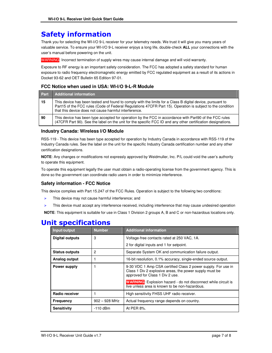 Weidmuller WI-I/O 9-L-R: Wireless I/O Receiver Quick Start Guide v1.7 User Manual | Page 7 / 8