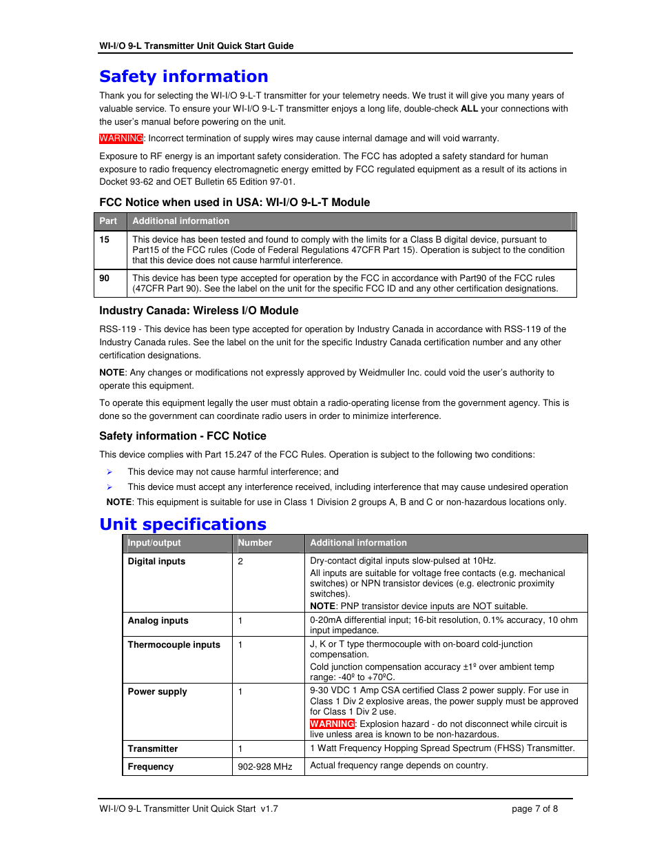 Weidmuller WI-I/O 9-L-T: Wireless I/O Transmitter Quick Start Guide v1.7 User Manual | Page 7 / 8