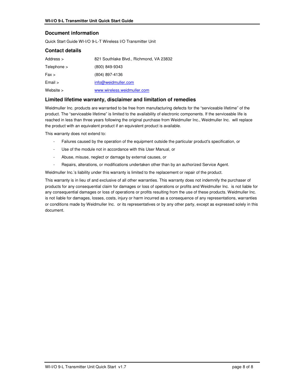 Weidmuller WI-I/O 9-L-T: Wireless I/O Transmitter Quick Start Guide v1.7 User Manual | Page 8 / 8