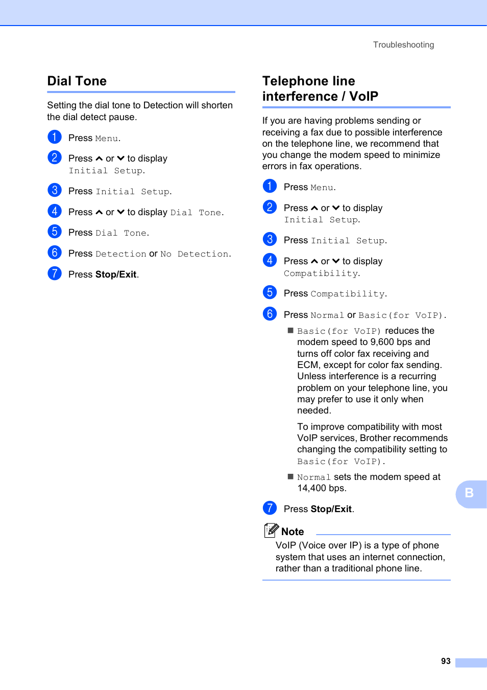Dial tone, Telephone line interference / voip, Dial tone telephone line interference / voip | Bdial tone | Brother Fax Machine/Multi-Function Center MFC-J280W User Manual | Page 107 / 150