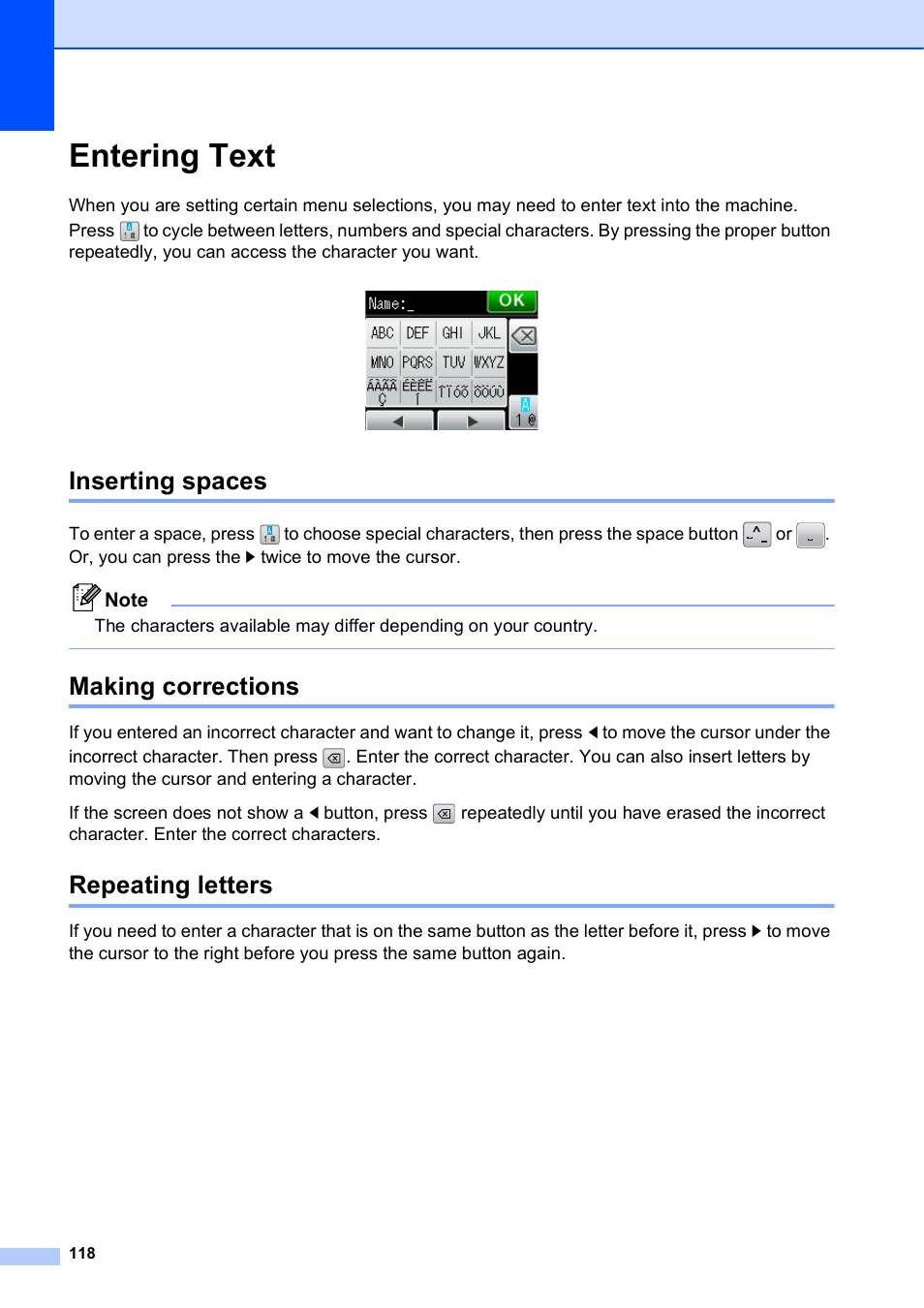 Entering text, Inserting spaces, Making corrections | Repeating letters, Ee entering text uu, Entering text uu | Brother Fax Machine/Multi-Function Center MFC-J280W User Manual | Page 132 / 150