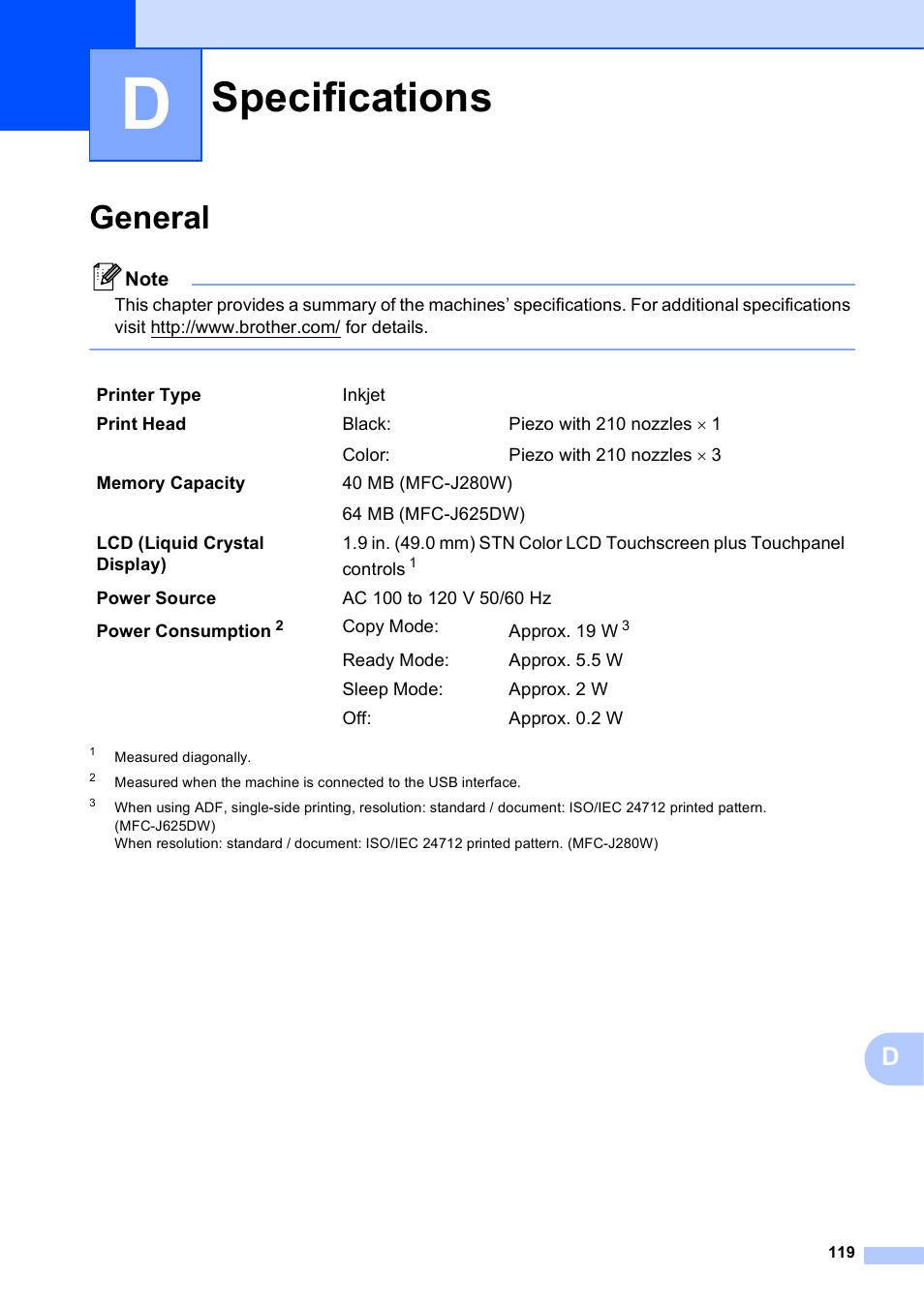 D specifications, General, Specifications | Brother Fax Machine/Multi-Function Center MFC-J280W User Manual | Page 133 / 150