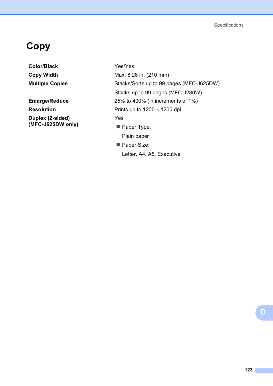 Copy | Brother Fax Machine/Multi-Function Center MFC-J280W User Manual | Page 137 / 150