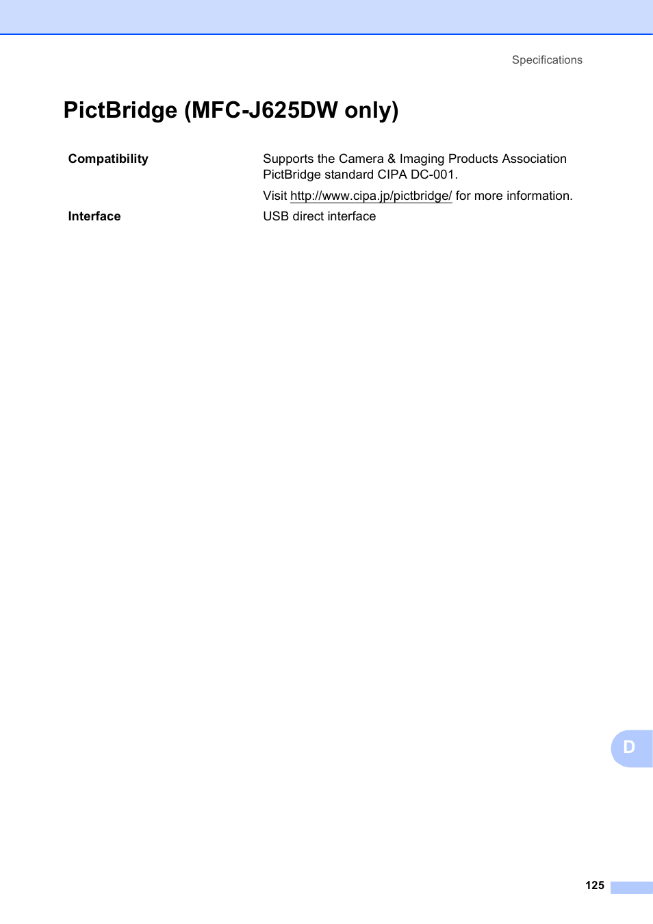 Pictbridge (mfc-j625dw only) | Brother Fax Machine/Multi-Function Center MFC-J280W User Manual | Page 139 / 150