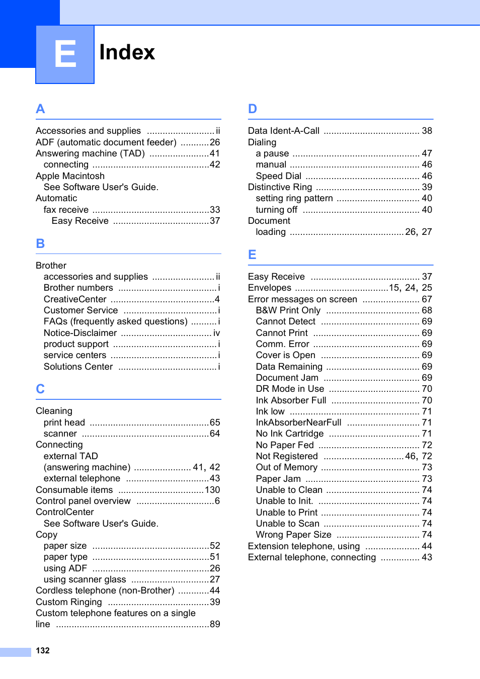 Index | Brother Fax Machine/Multi-Function Center MFC-J280W User Manual | Page 146 / 150