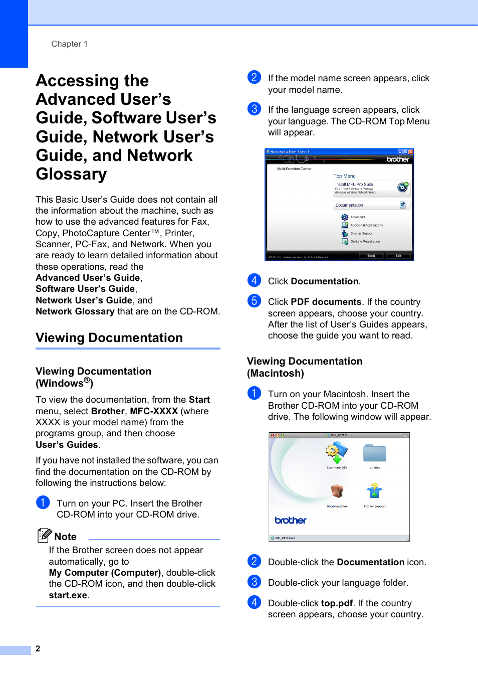Viewing documentation, Viewing documentation (windows®), Viewing documentation (macintosh) | Network user’s guide, and network glossary | Brother Fax Machine/Multi-Function Center MFC-J280W User Manual | Page 16 / 150