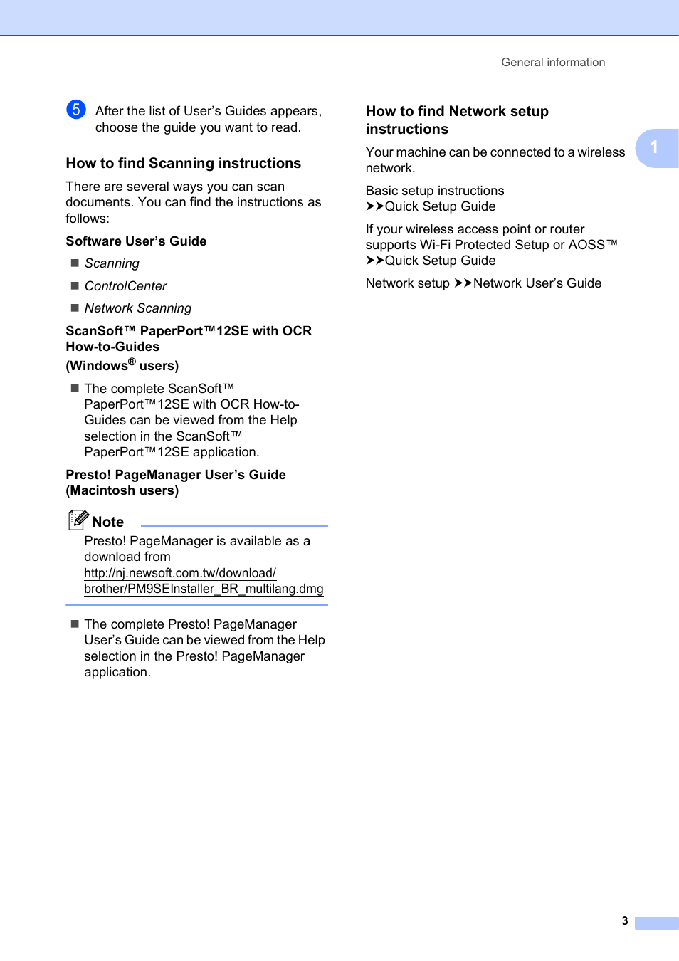 How to find scanning instructions, How to find network setup instructions | Brother Fax Machine/Multi-Function Center MFC-J280W User Manual | Page 17 / 150