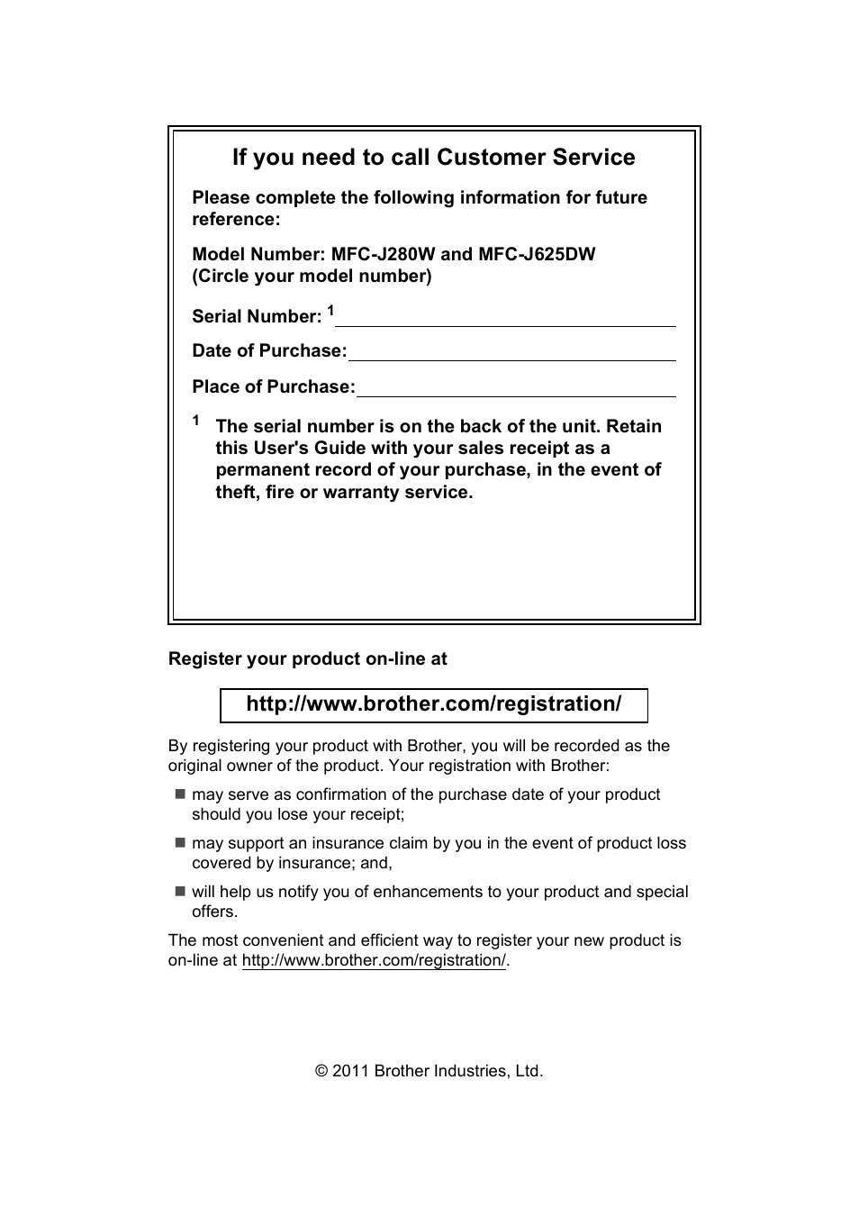 If you need to call customer service | Brother Fax Machine/Multi-Function Center MFC-J280W User Manual | Page 2 / 150