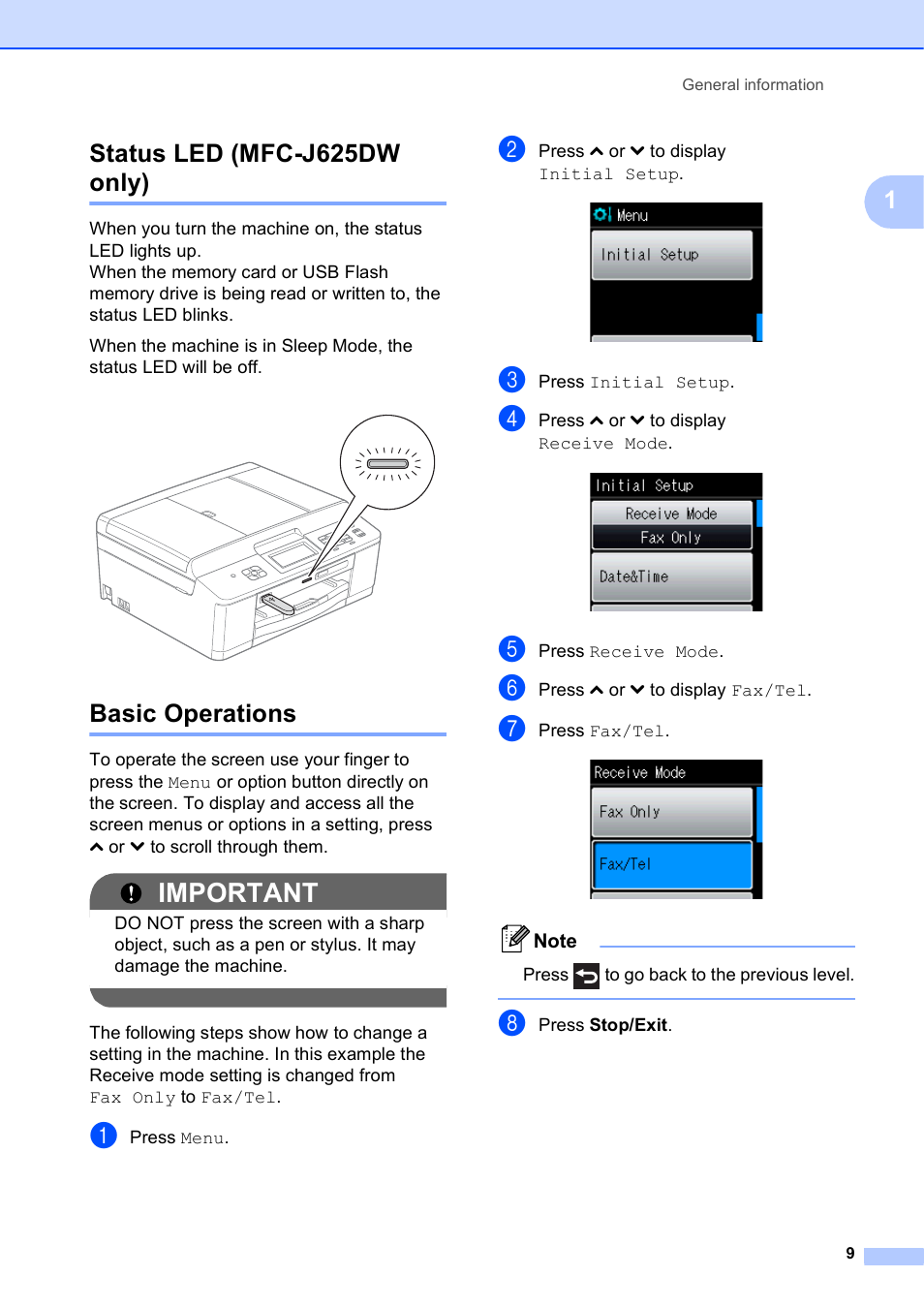 Status led (mfc-j625dw only), Basic operations, Status led (mfc-j625dw only) basic operations | Important, 1status led (mfc-j625dw only) | Brother Fax Machine/Multi-Function Center MFC-J280W User Manual | Page 23 / 150