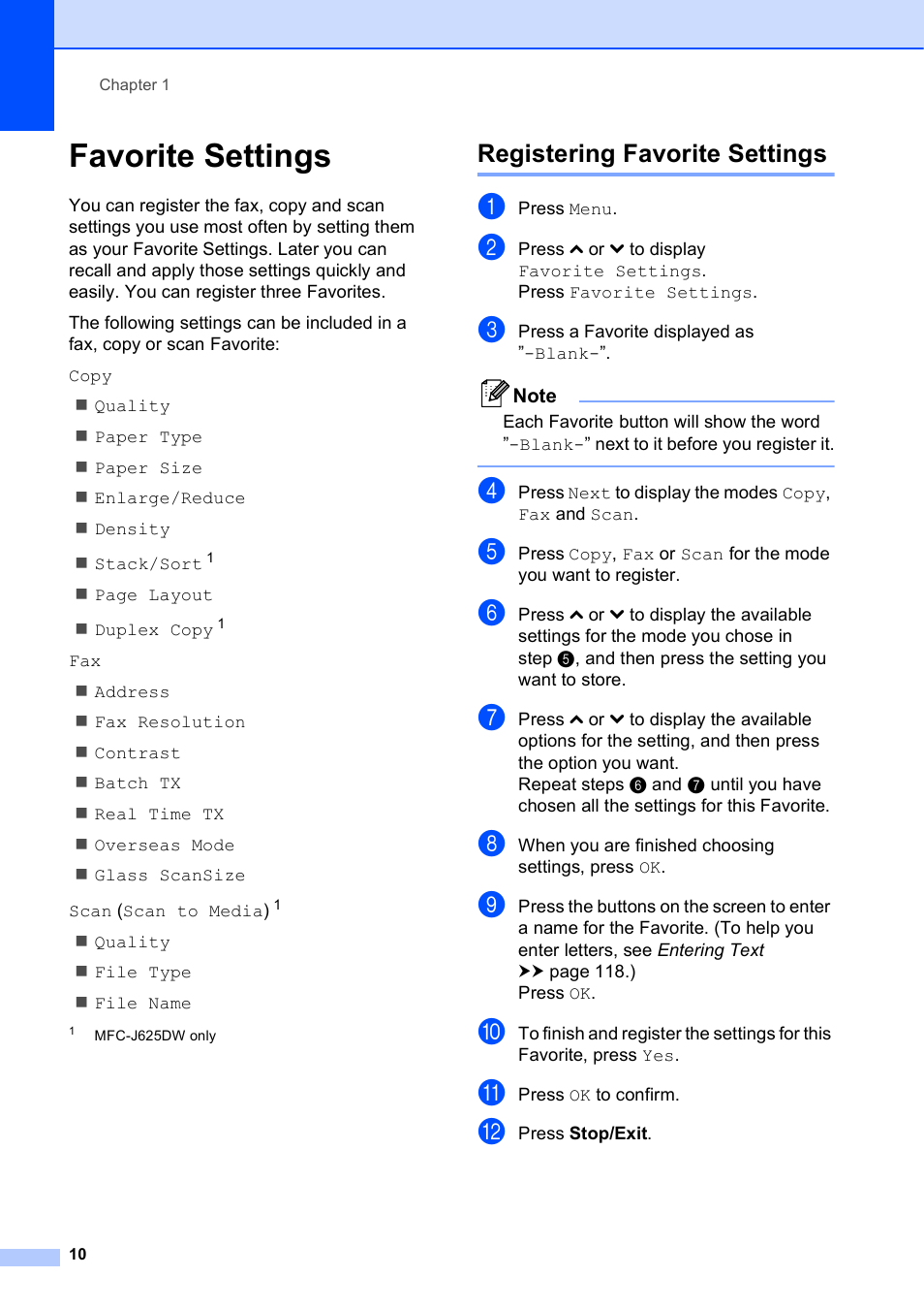 Favorite settings, Registering favorite settings | Brother Fax Machine/Multi-Function Center MFC-J280W User Manual | Page 24 / 150