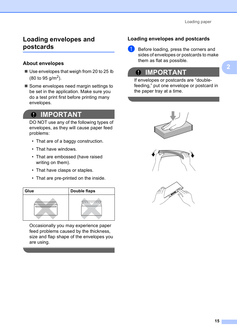 Loading envelopes and postcards, About envelopes, Important | 2loading envelopes and postcards | Brother Fax Machine/Multi-Function Center MFC-J280W User Manual | Page 29 / 150